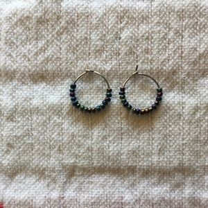 Dainty Silver Hoop Earrings w/ Navy Rainbow Beads